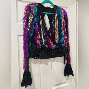 ASOS Black Sequin Multi-Color Stripe Wrap Blouse